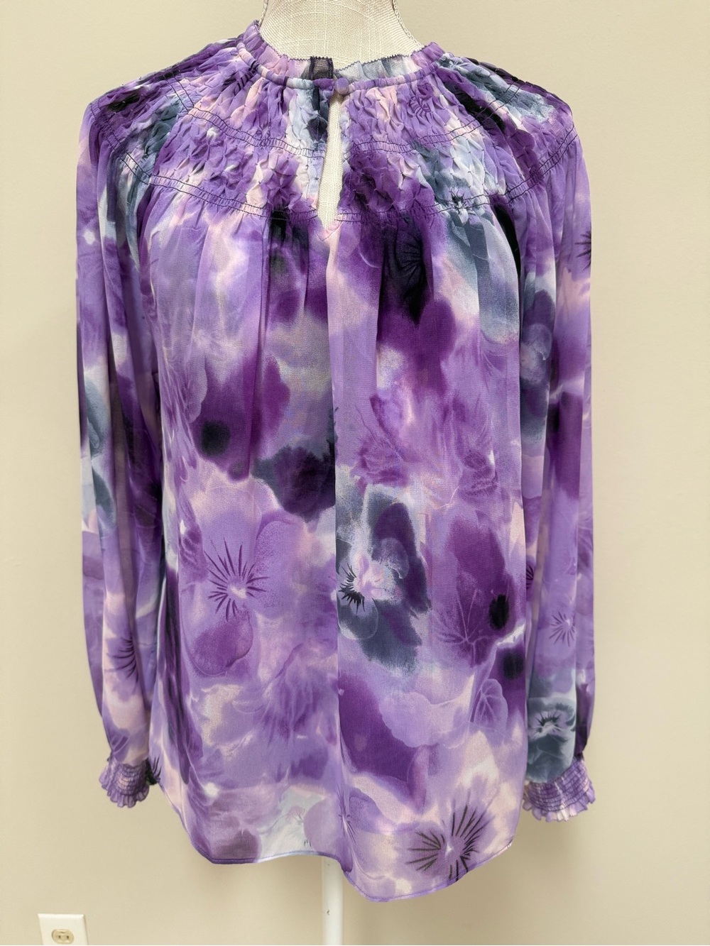 WHBM Purple Floral Long-Sleeve Smocked Neck Blouse, 2-piece set